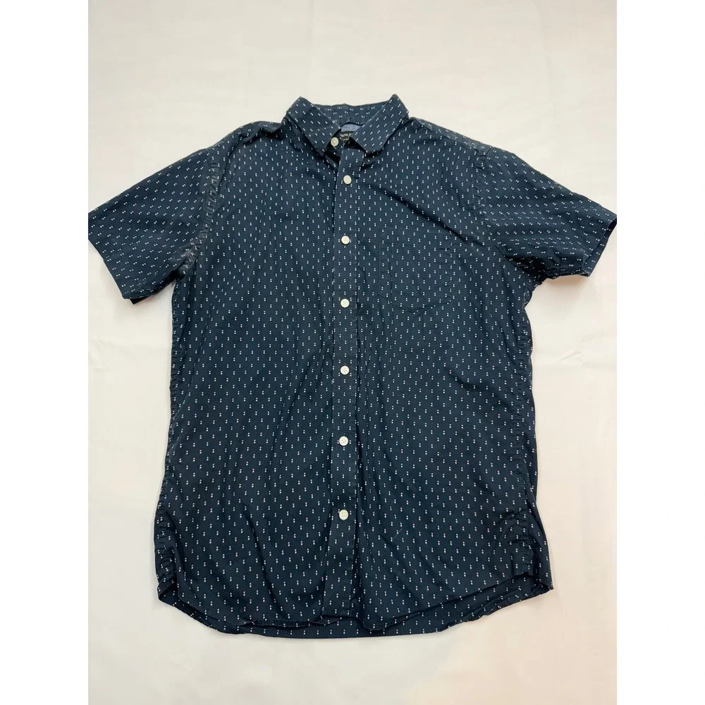 BANANA REPUBLIC Mens Medium Slim Navy Pink Polka Dot Short Sleeve Button Up Z15
